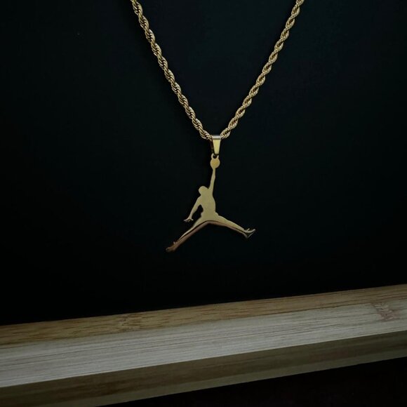 Jordan Jumpman Pendant Necklace - MJ - Gold Plated - 3mm Rope 20" Gold Chain - Picture 2 of 3